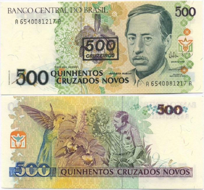 (1990) Банкнота Бразилия 1990 год 500 крузейро &quot;Надп на 500 новых крузадо 1990&quot;   UNC